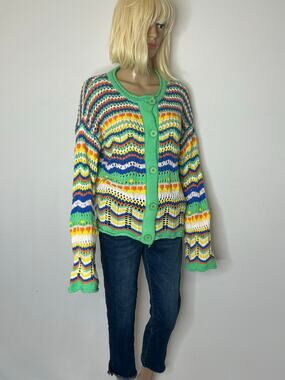 Women’s XL Multicolor Open Knit Cardigan Button Front Oversized Boho